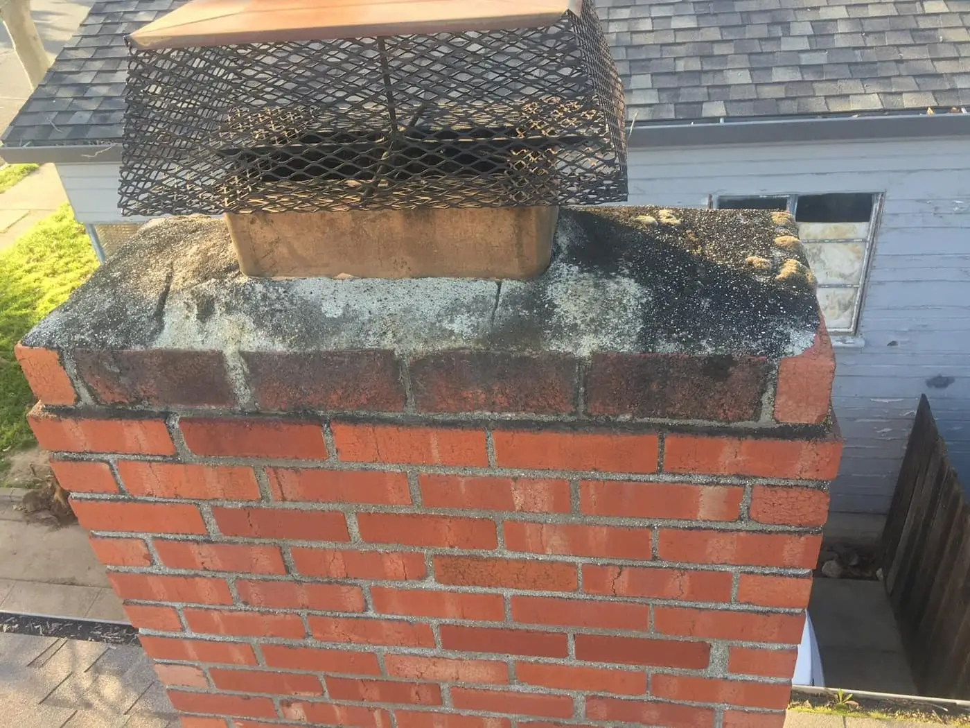 A mesh chimney cap on a weathered concrete crown atop a red brick chimney.